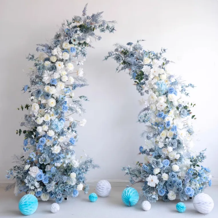 Blue and white horn artificial flower arch pair