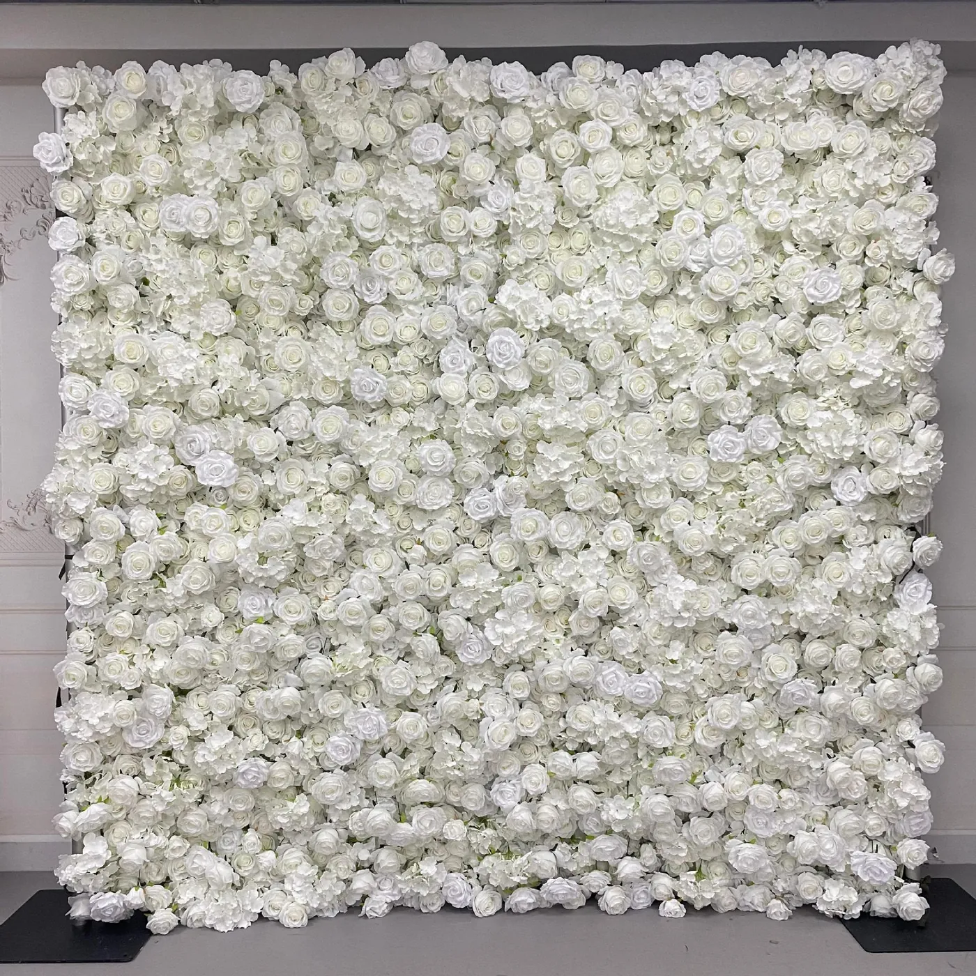 Pure white rose and hydrangea artificial flower wall
