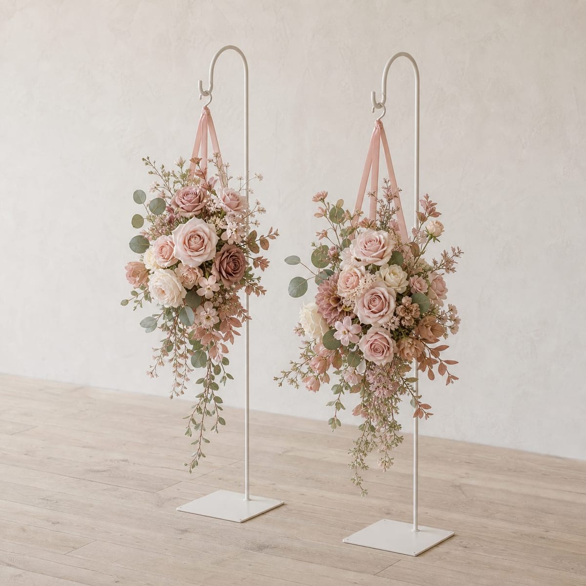Powder pink faux floral aisle markers for wedding event decor