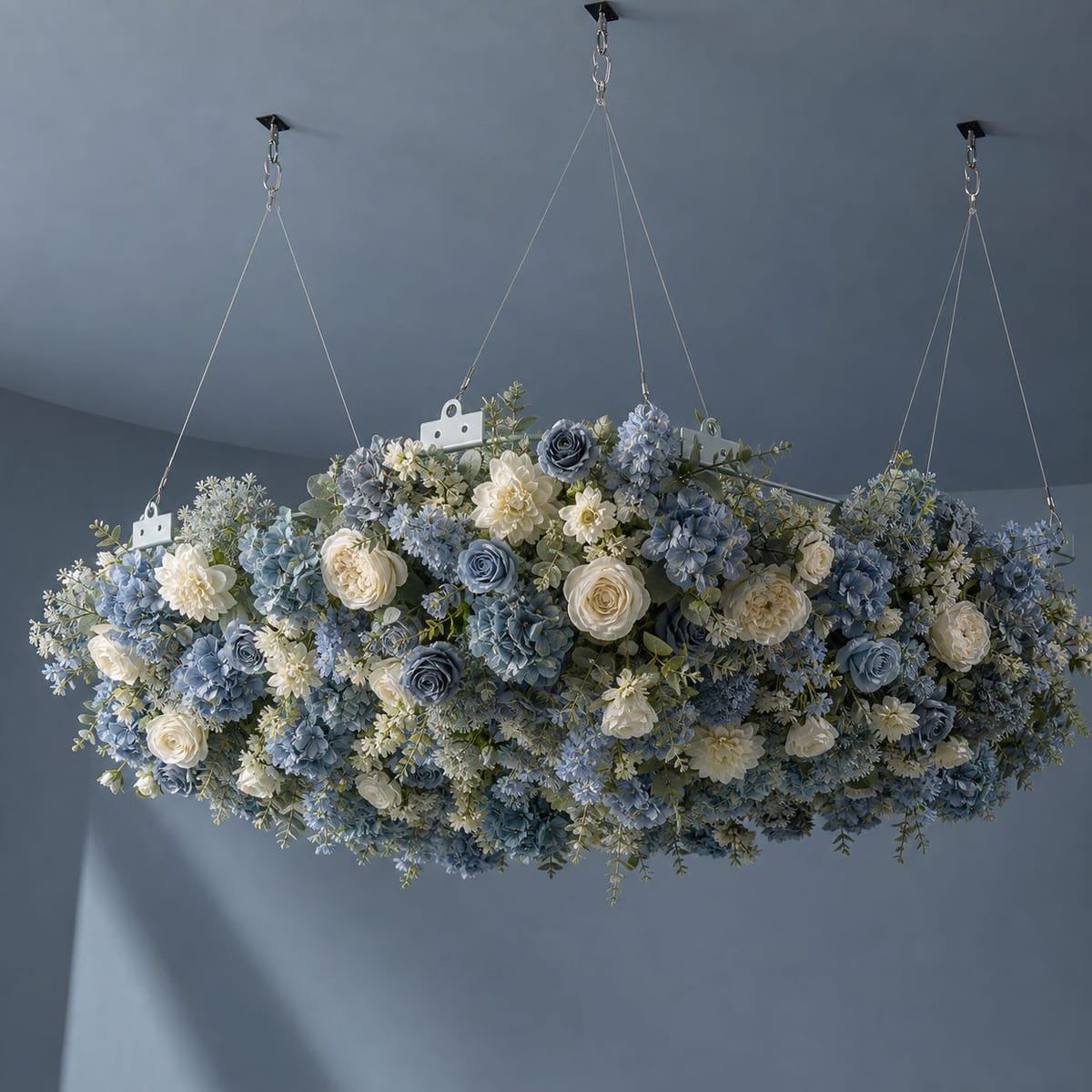 Dusty blue faux floral installation arrangement for event decor