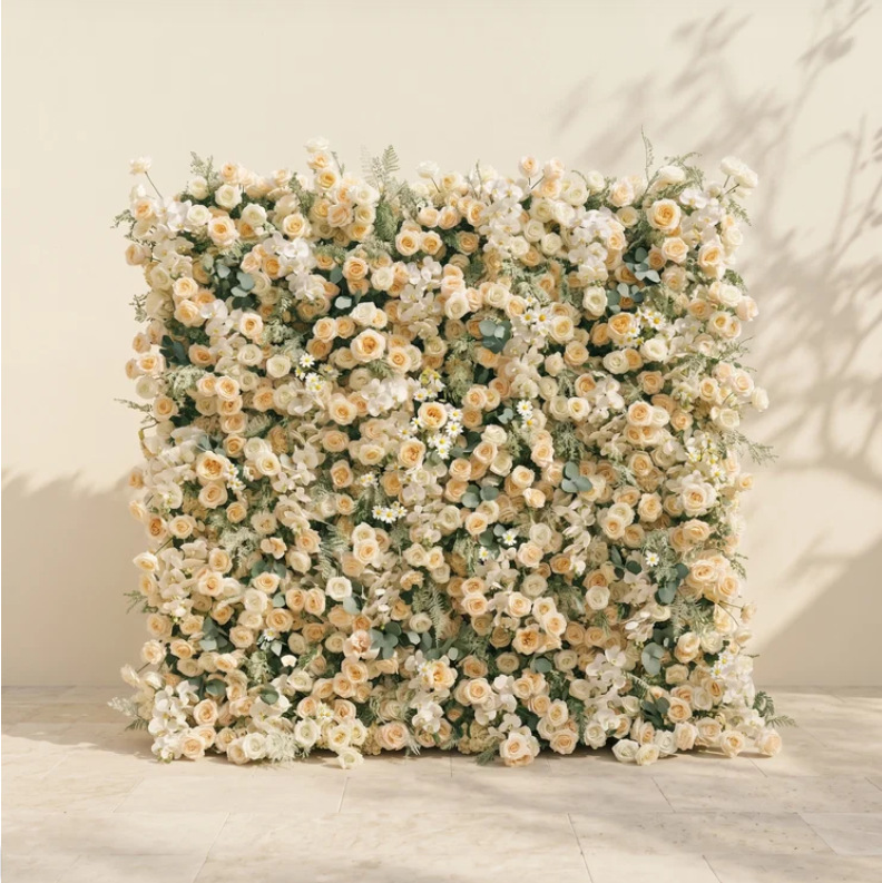 Champagne and ivory artificial flower wall style