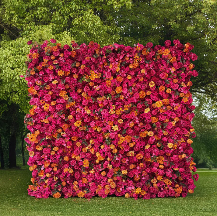 Magenta red and orange artificial flower wall style